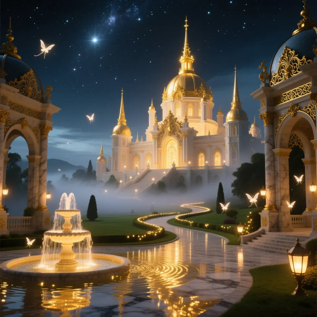Enchanting nighttime palace captions